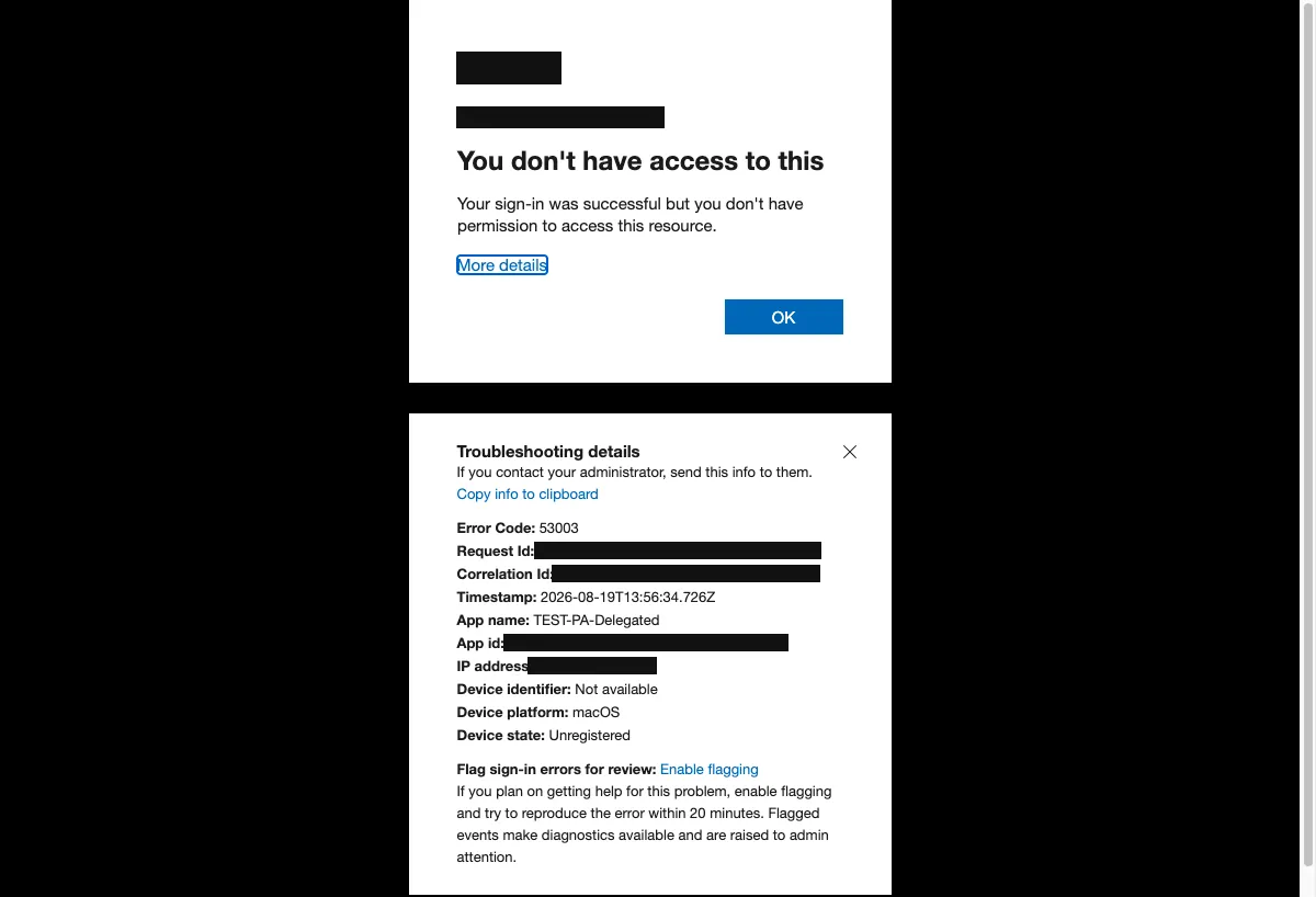 Entra sign-in blocked with error 53003 when a delegated client requests the c2 authentication context