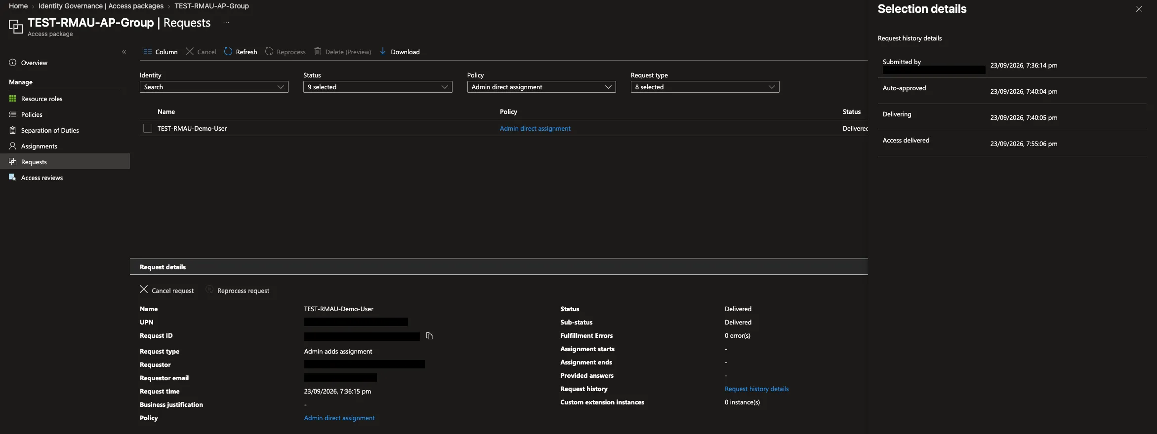 Request history: delivering at 19:40, access delivered at 19:55, zero fulfillment errors