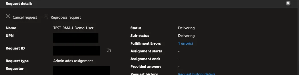 Access package request stuck in Delivering with one fulfillment error