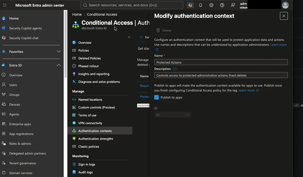 The c2 authentication context in the Conditional Access blade, published and available