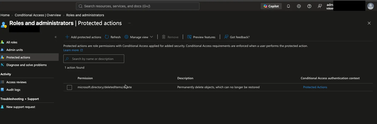 The permanent-delete action in the portal, tagged with authentication context c2