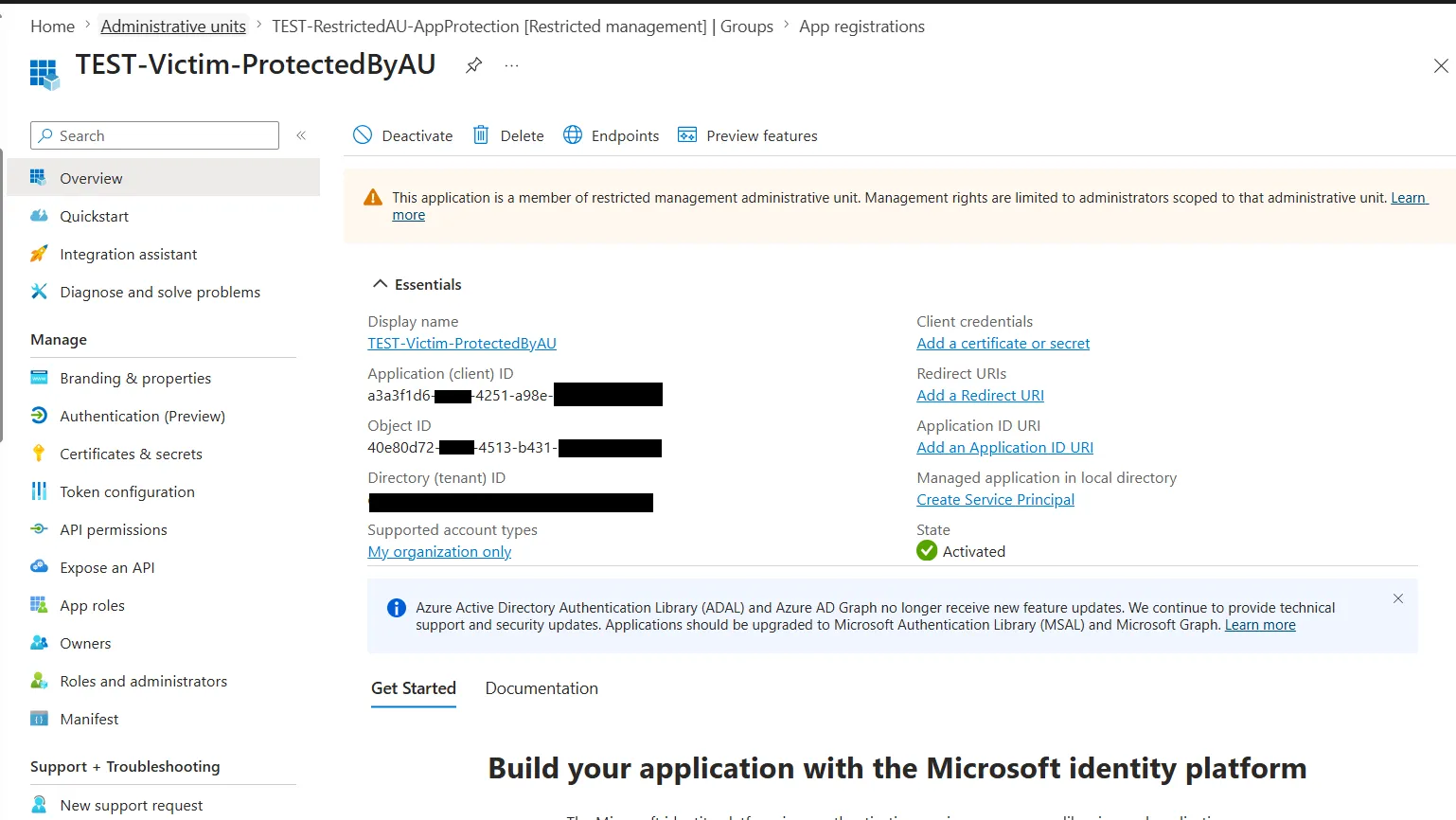 App registration Overview page showing restricted-AU banner