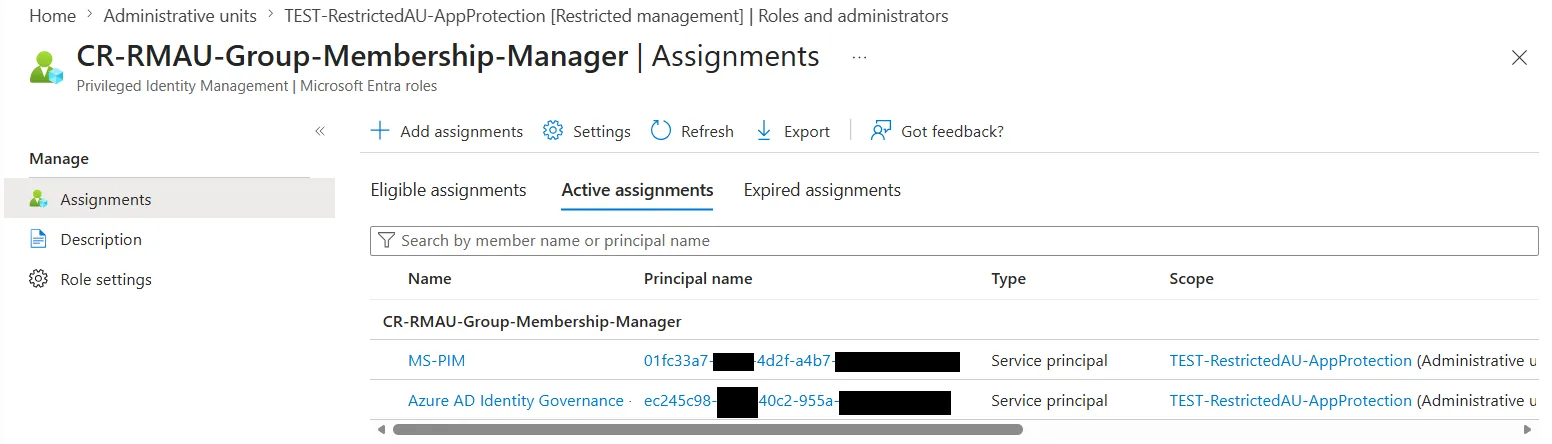 Custom role Assignments tab showing MS-PIM and Azure AD Identity Governance Directory Management SPs scoped to the RMAU