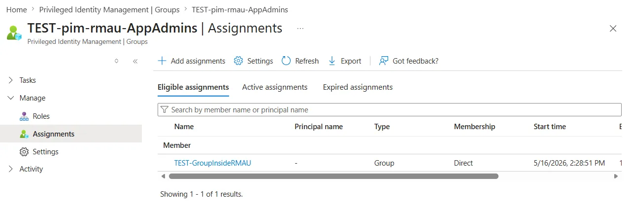 PIM-for-Groups Eligible assignments tab showing the delivery group as eligible member