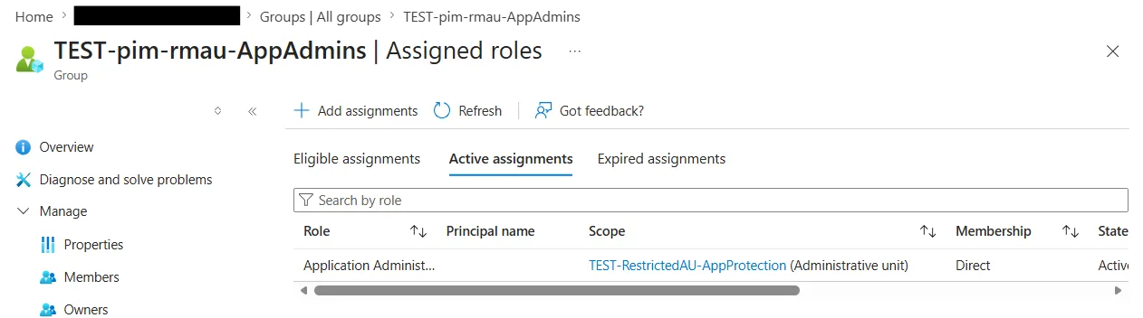 PIM-for-Group Assigned roles tab showing Application Administrator active, scope = the RMAU