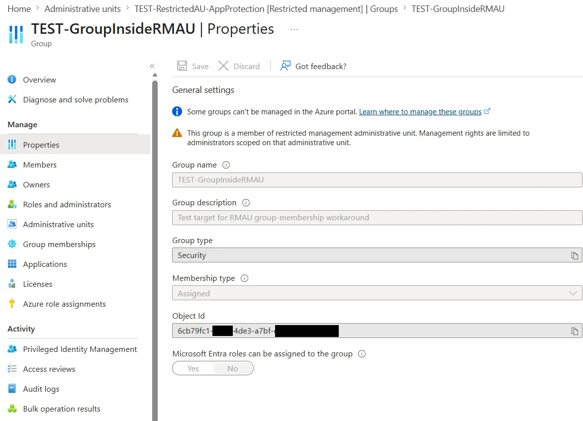 Group Properties page showing the restricted-AU banner and isAssignableToRole=No toggle