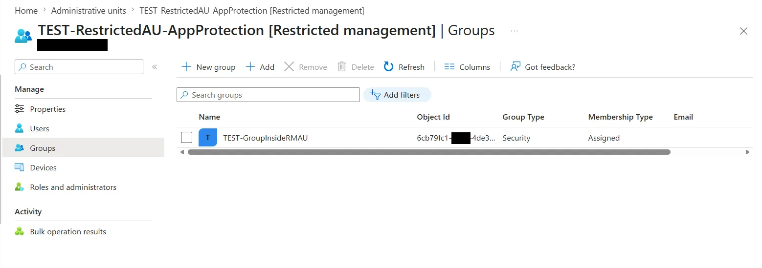 AU Groups tab showing the security group as an AU member